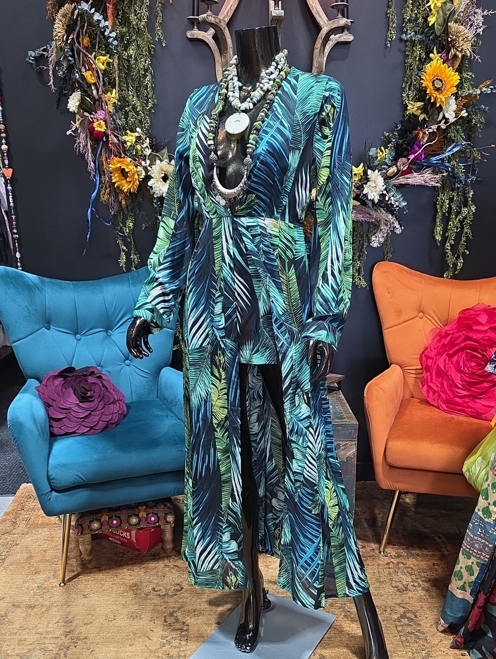 Hot Miami Styles Teal & Black Tropical Print Jumpsuit Romper with Duster